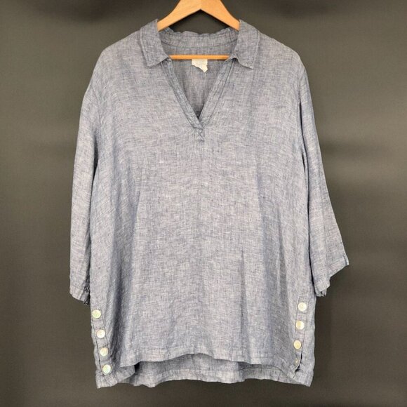 Sigrid Olsen Women's Oversized Linen V-Neck Top 1X Blue Button Accent Coastal - Picture 1 of 6